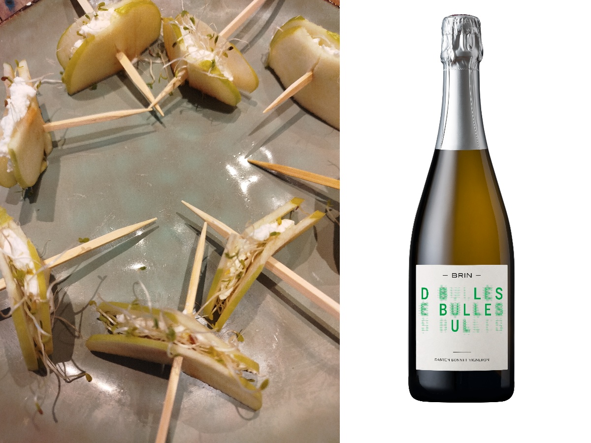 accords mets et vins entre une bouchée apéritive à la pomme verte et chèvre frais et pétillant naturel de Gaillac