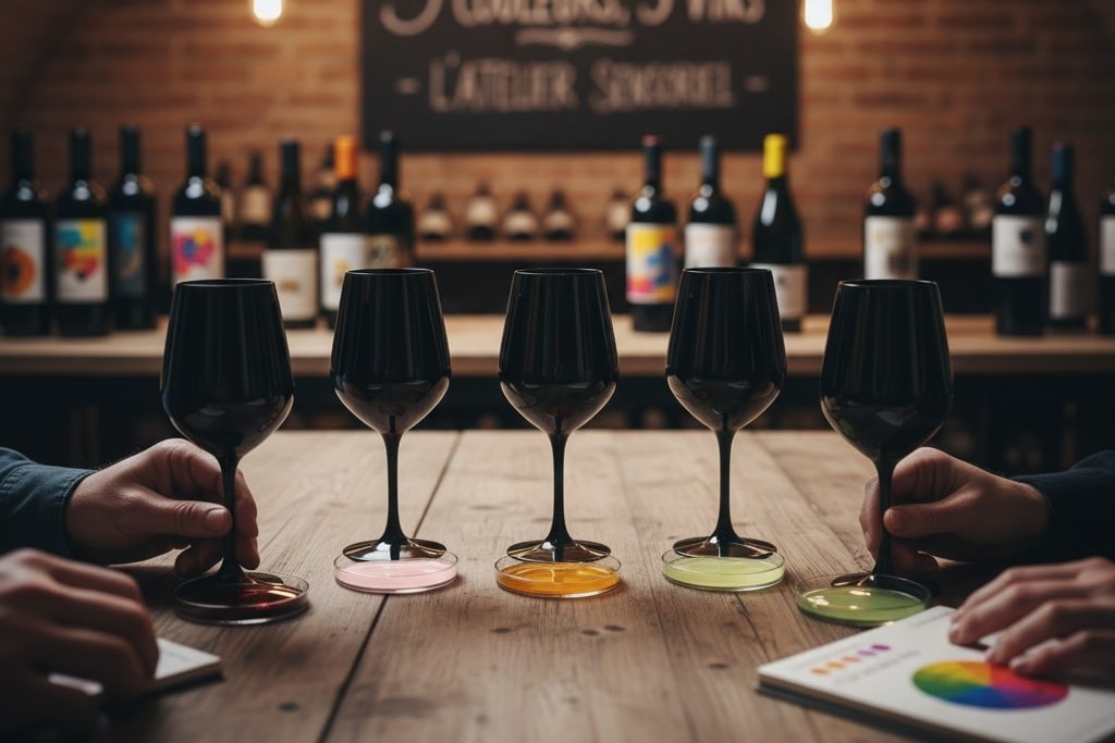 Cours oenologie à Lille originale avec la dégustation de 5 vins de couleurs différentes. Une expérience sensorielle ludique et unique.